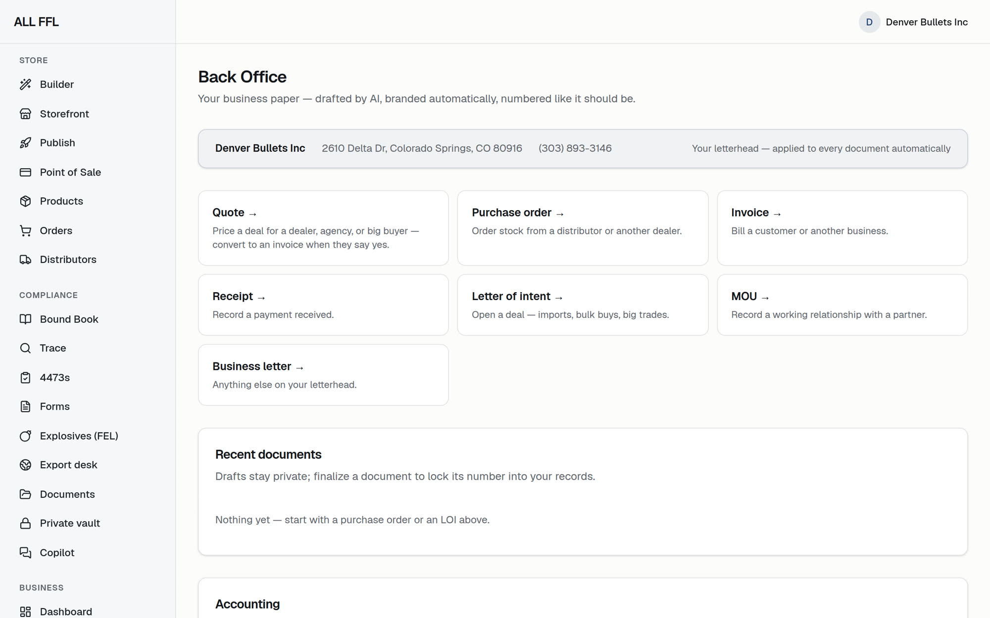 The Back Office document desk with automatic letterhead and one-click document kinds