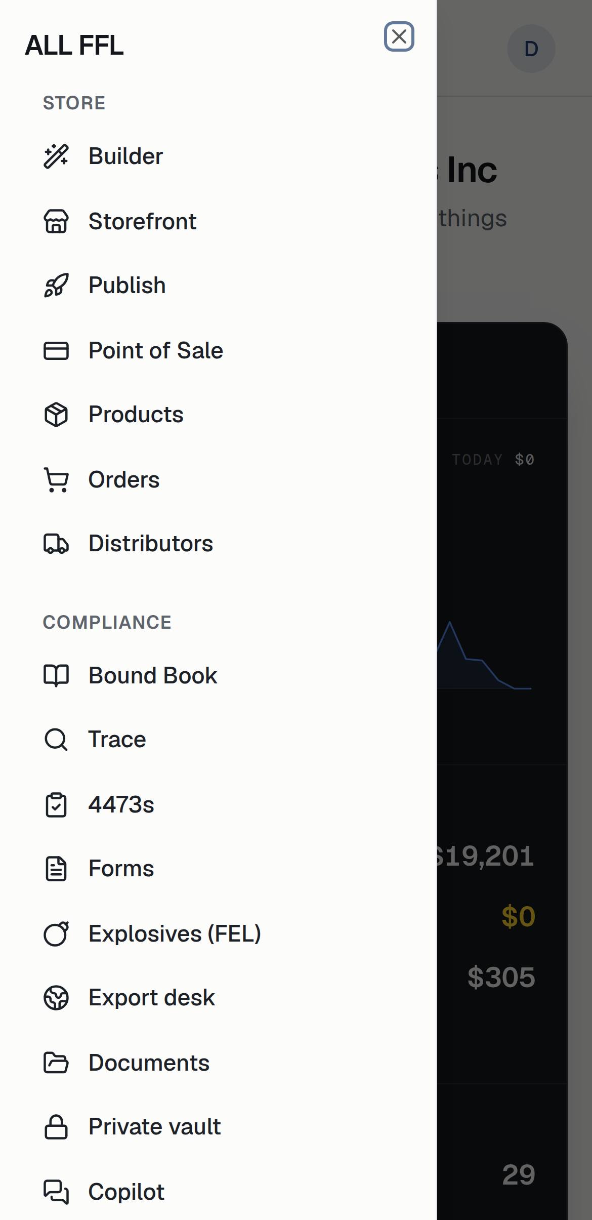 The full tool menu on a phone: Builder, Storefront, Publish, Point of Sale, Products, Orders, Distributors, Bound Book, Trace, 4473s, Forms, Explosives, Export desk, Documents, Private vault, Copilot